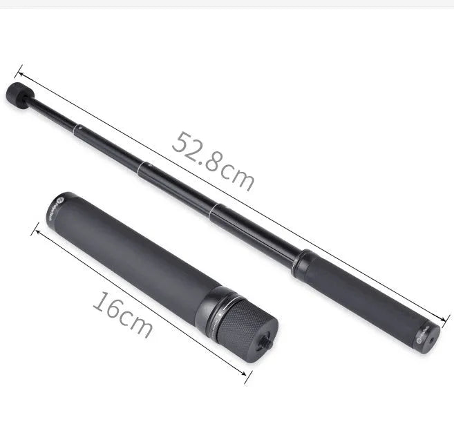 Black retractable selfie stick with hand-held stabiliser extended for smartphone photography