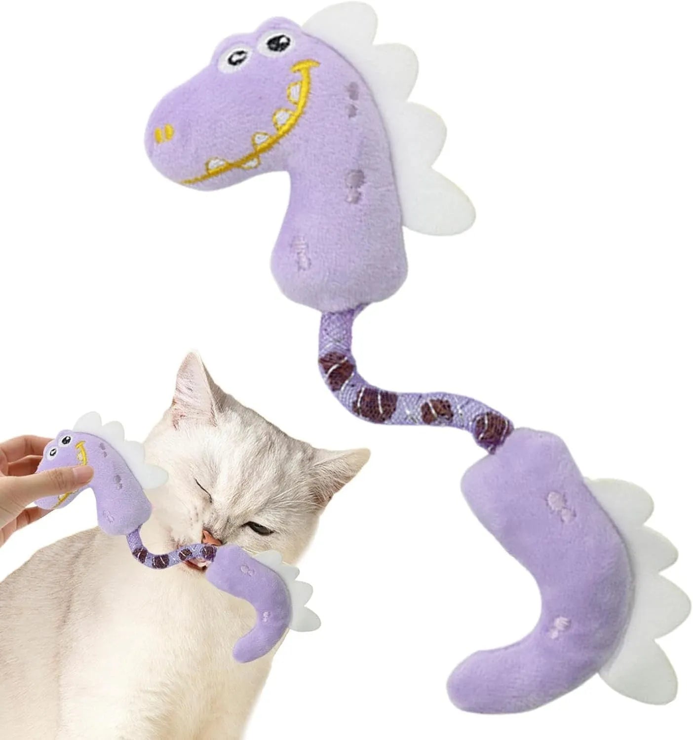 Set of four cat toys including rope, spring, kicker and plush mouse toys in pink, purple or yellow colours