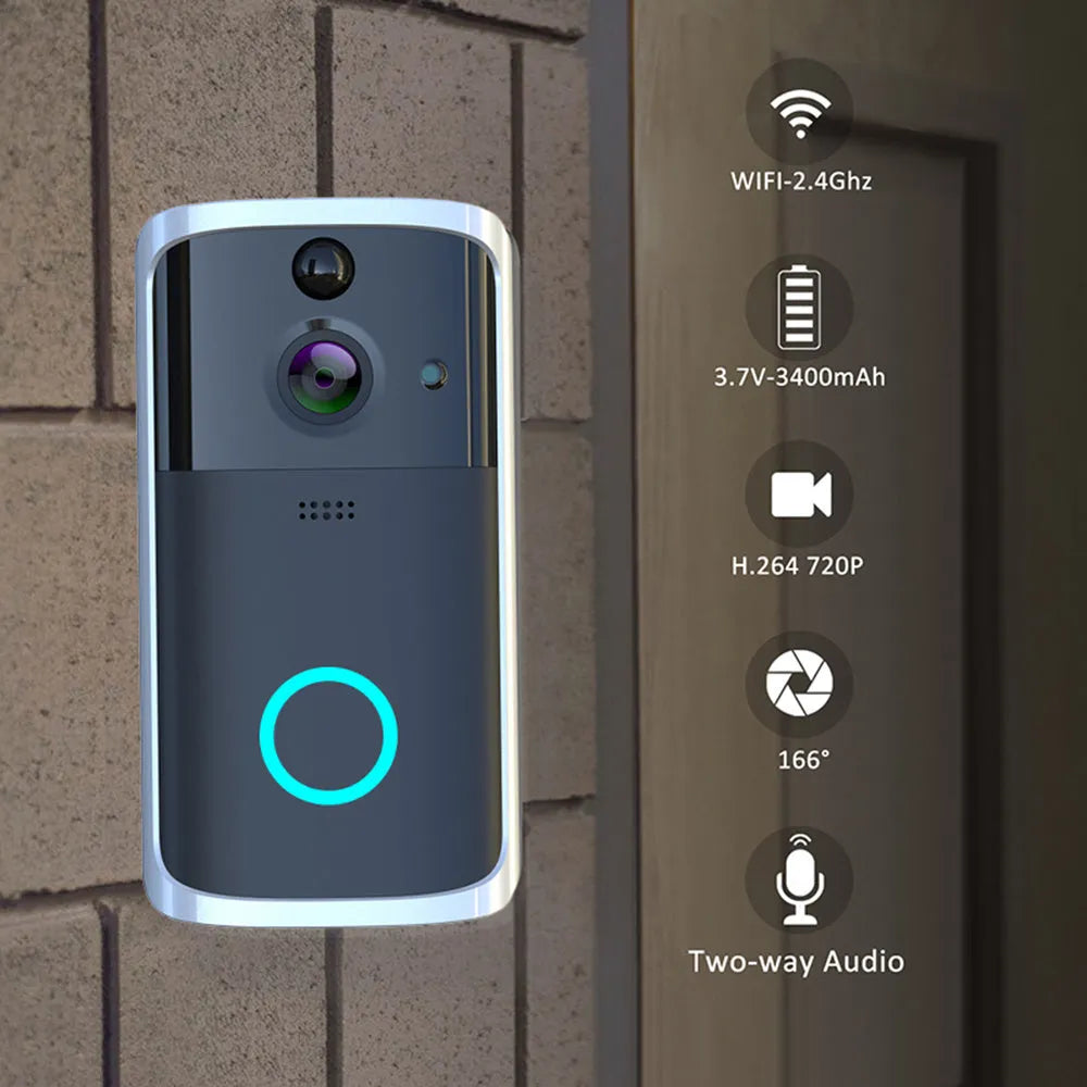 WiFi video doorbell camera in black with two-way voice intercom and infrared night vision for remote home monitoring