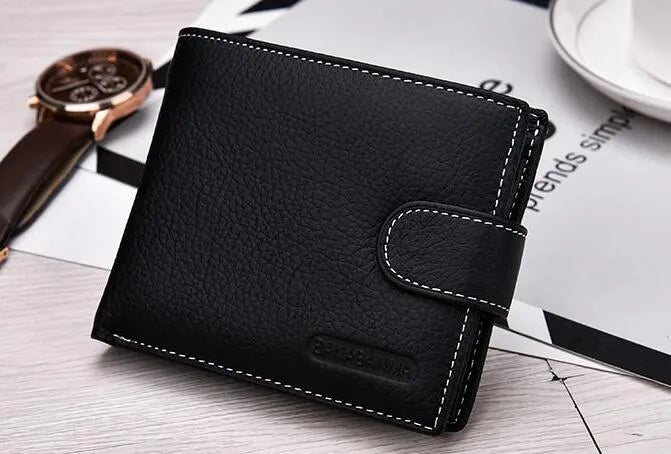 Men's genuine leather short standard wallet in black with compact dimensions, polyester lining