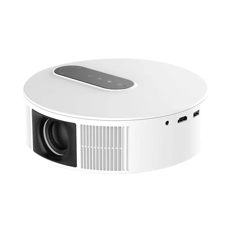 White HD 720p home cinema projector with remote control on a table