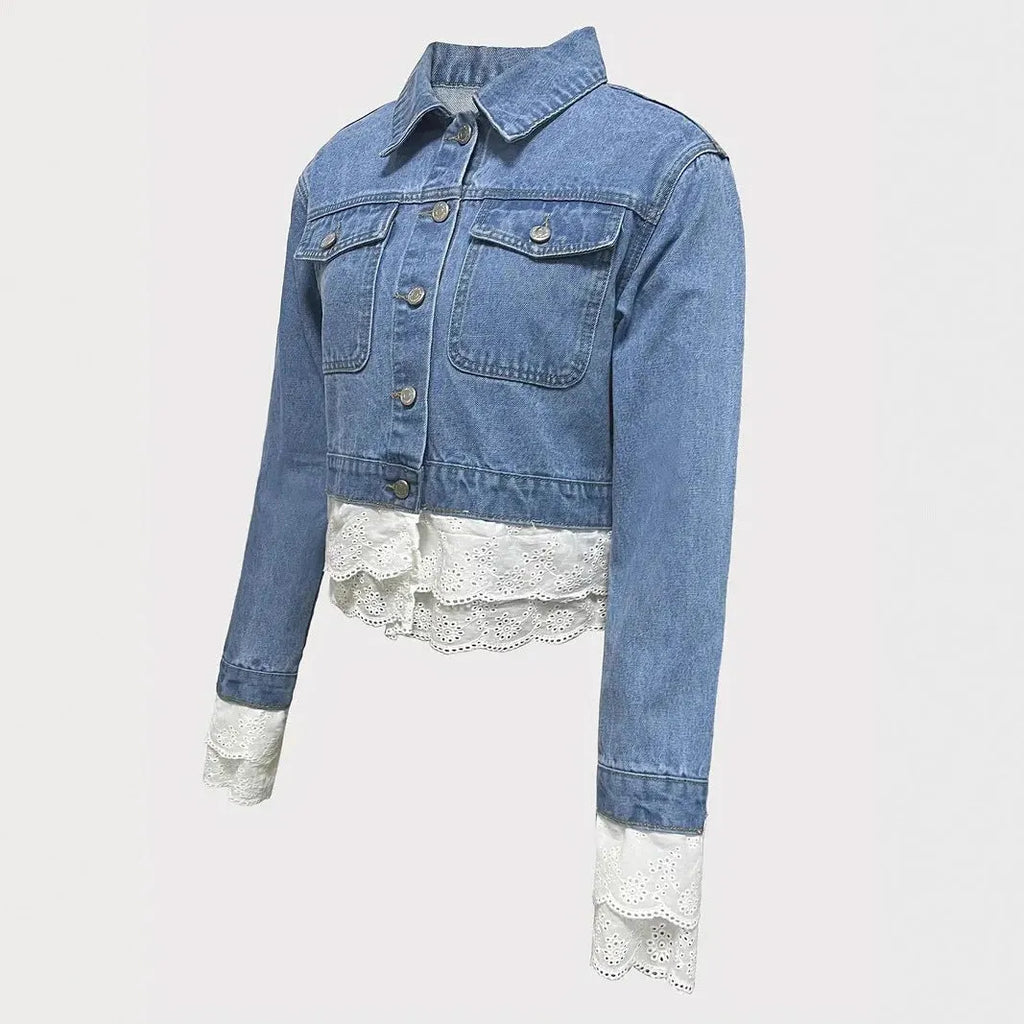 Blue denim jacket with lace stitching detail, long sleeves, women's style