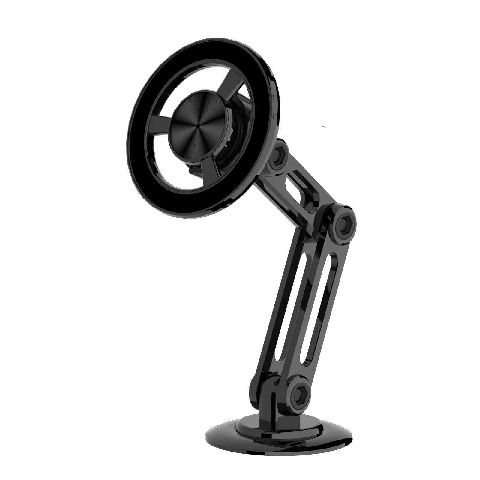 All-metal magnetic car phone holder in black, shown with magnetic rings and spare adhesive pads.