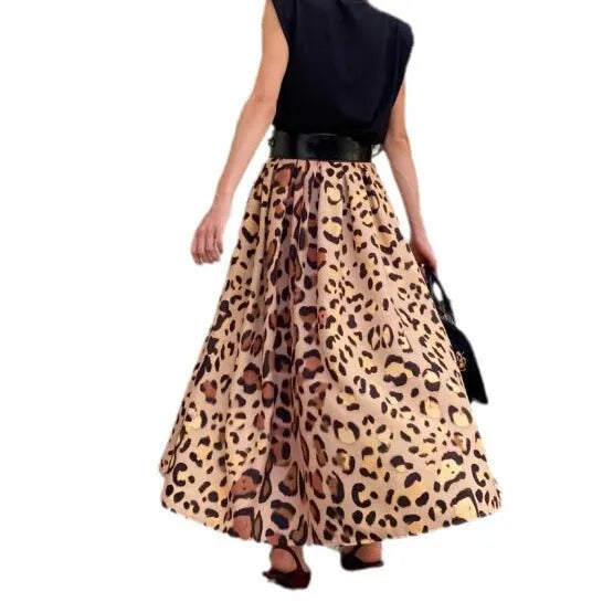 Women's brown leopard print A-line skirt with big hem in polyester fabric