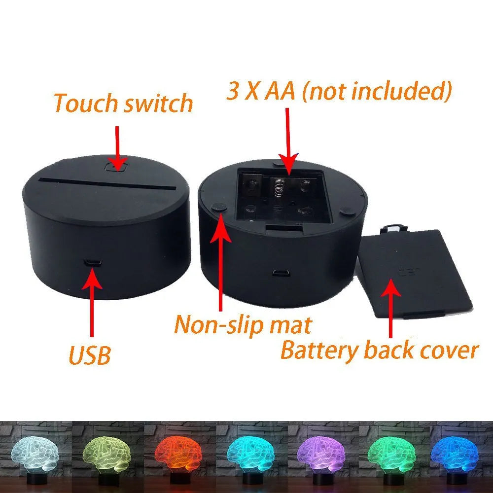 3D brain illusion desk lamp with colour-changing LED lights and remote control on wooden surface