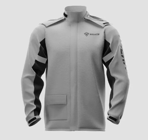 Motorcycle rain suit with split jacket, rain pants, shoe covers and storage bag