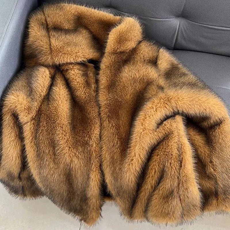 Silver grey women's artificial fur coat with loose fit and mid-length design