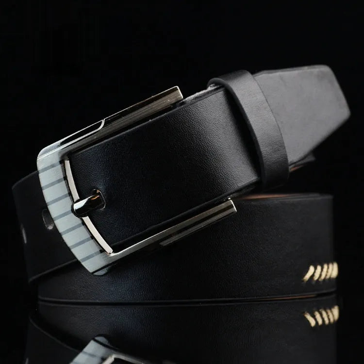 Men's retro threading pattern casual belt with alloy pin buckle in black colour