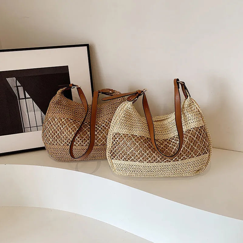 Women's casual straw cross body bag in horizontal square shape with sandwich pocket, shown in khaki colour.
