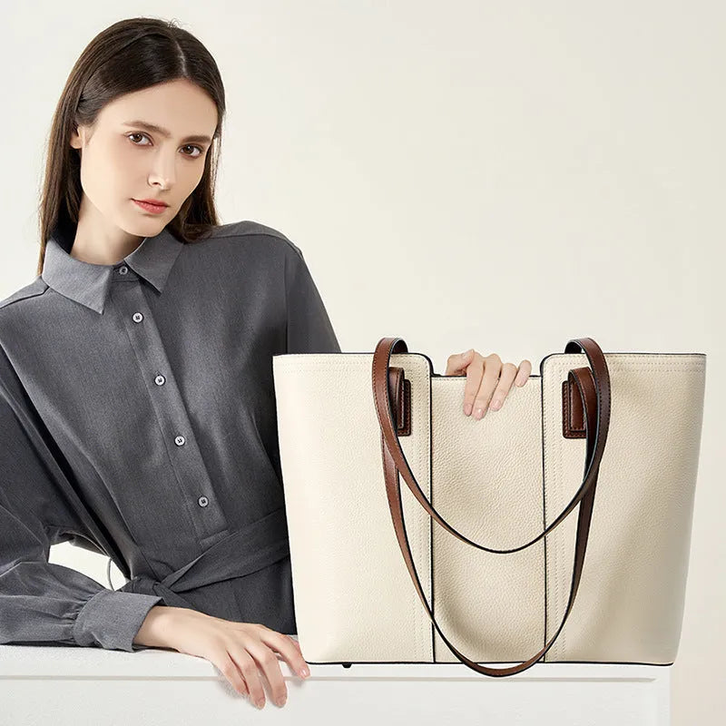 Women's genuine leather commuter shoulder bag with multiple internal compartments in horizontal square shape
