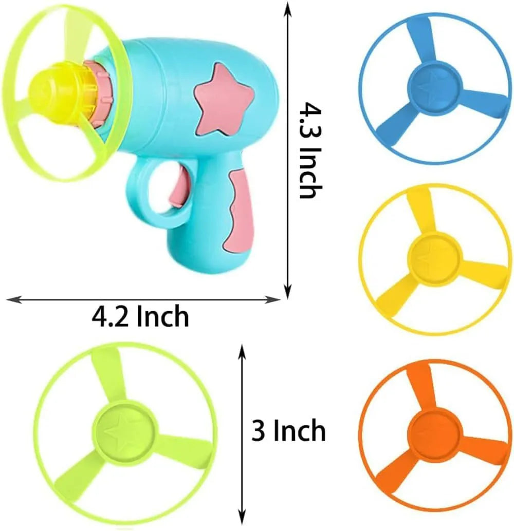 Blue plastic cat toy gun with spinning frisbee launch mechanism for indoor cats
