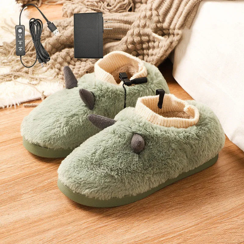 USB electric heating slippers in grey with super soft velvet upper and plastic sole.