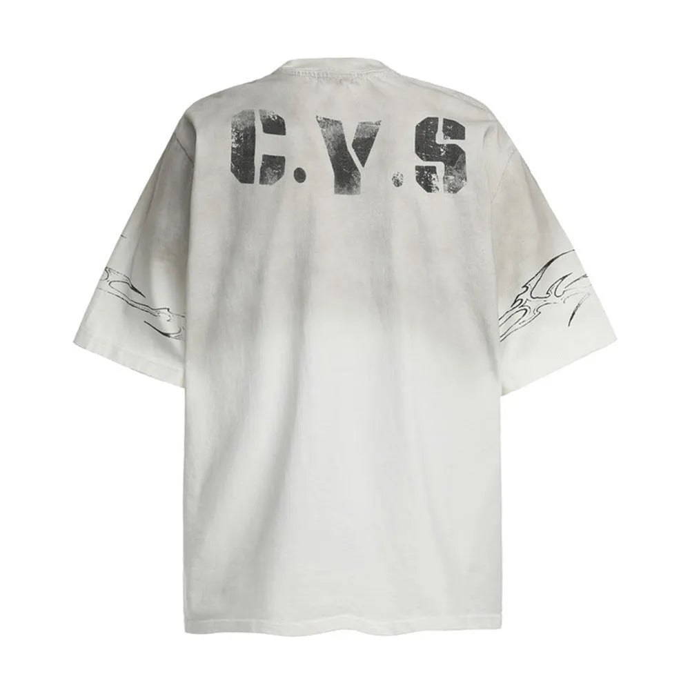 Men's black and white pure cotton short-sleeve printed t-shirt on a hanger.