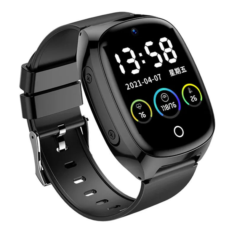 Black GPS tracker phone watch with 1.54-inch touch screen showing SOS and heart rate monitoring features.