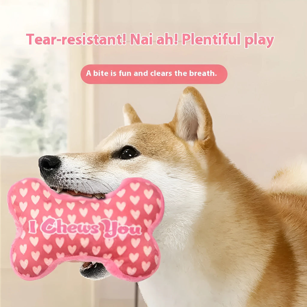 Plush dog dental toy with vocalisation feature in bone powder colour