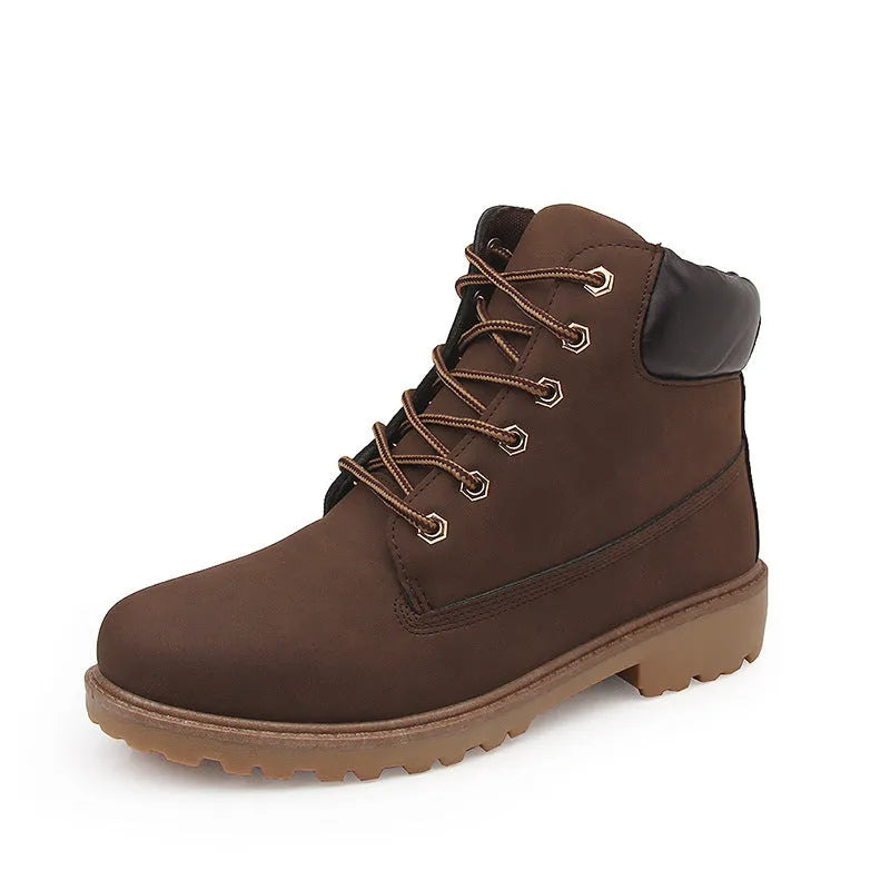 Pink men's Martin boots with velvet lining, flat bottom, and front lace-up design