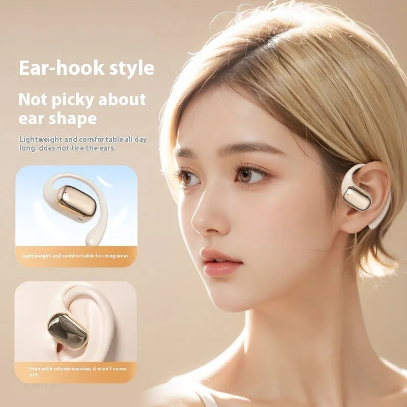 Ear-mounted headphones with digital display screen in skin colour, black, or white options