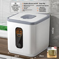 Grey plastic rice storage jar with sealed lid and measuring cup in 10kg, 20kg, and 30kg capacity options