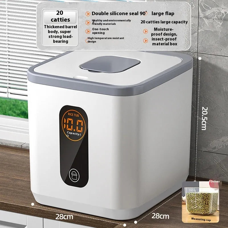Grey plastic rice storage jar with sealed lid and measuring cup in 10kg, 20kg, and 30kg capacity options