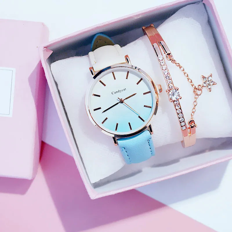 Women's fashion gradient belt quartz watch and bracelet set with 3.8cm dial in pink blue purple