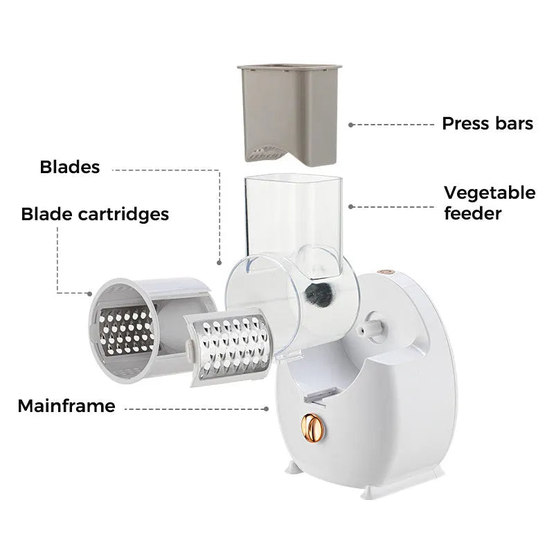 White electric vegetable slicer with suction base and multiple blades for kitchen food preparation