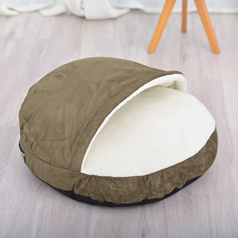 Brown cloth dog kennel with removable zip-off cover for washing, suitable for indoor use