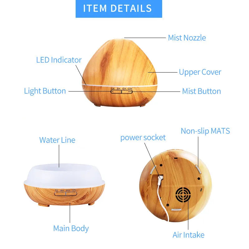 500ml air humidifier aromatherapy machine in light wood finish