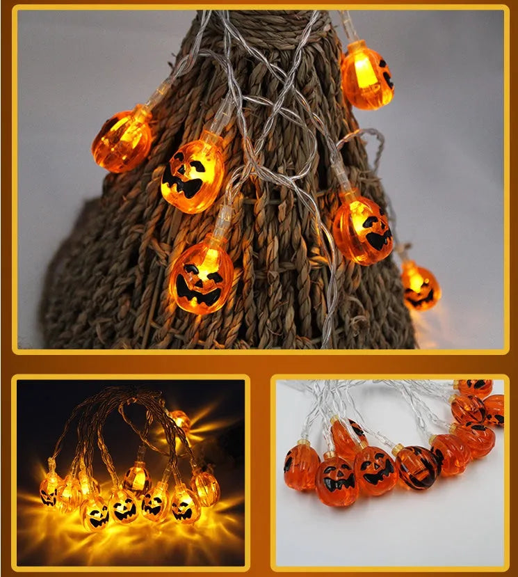 Halloween battery LED string lights showing bat, pumpkin, ghost and spider shapes on a 1.2 metre white wire.
