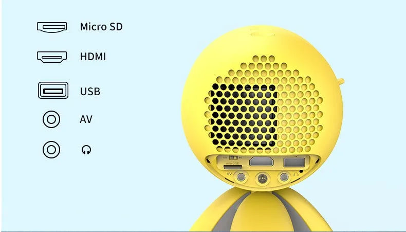 YG220 white or yellow LED projector displaying an image on a wall, showing front design and compact size.