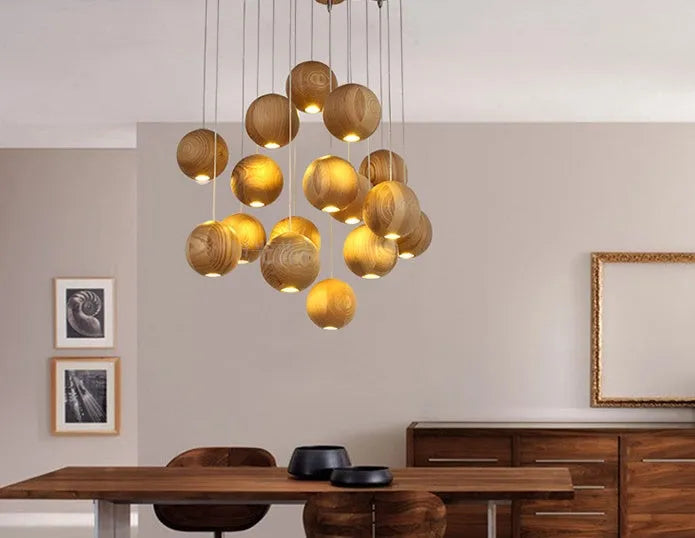 Nordic solid wood ball chandelier with adjustable height hanging cord