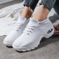 Women's flying knit sports shoes with waterproof platform, round toe, middle heel, available in multiple colours