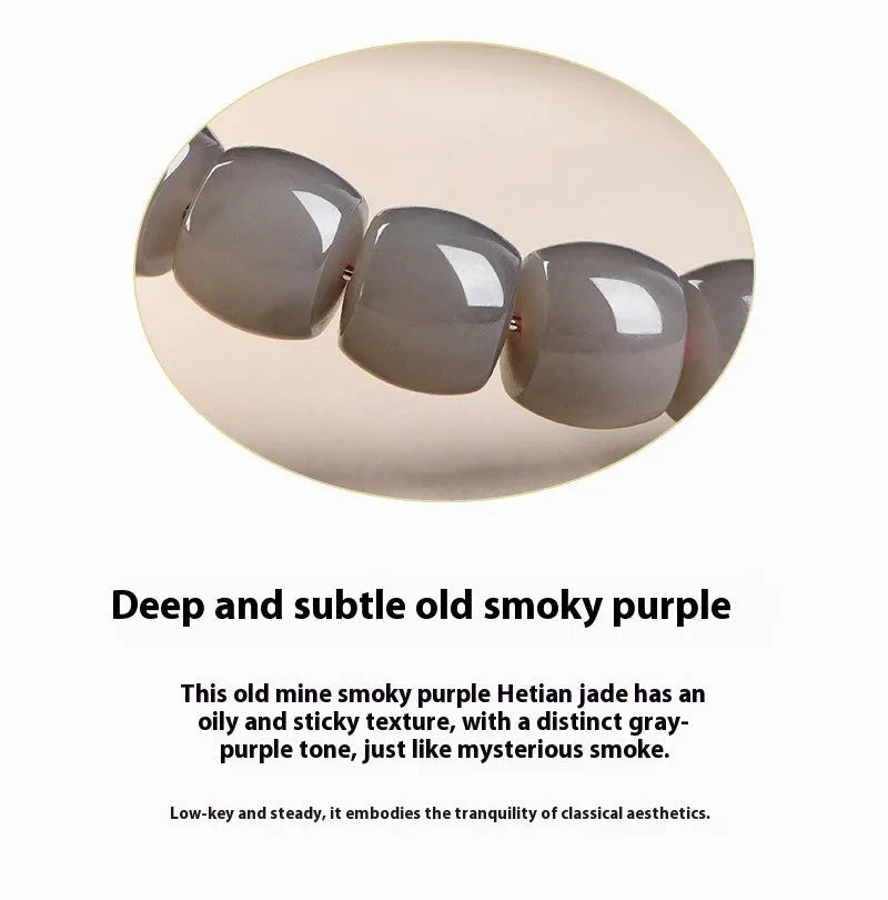 Straight cut Hetian jade bracelet in smokey violet colour with approximately 24 beads sized 8x9mm.