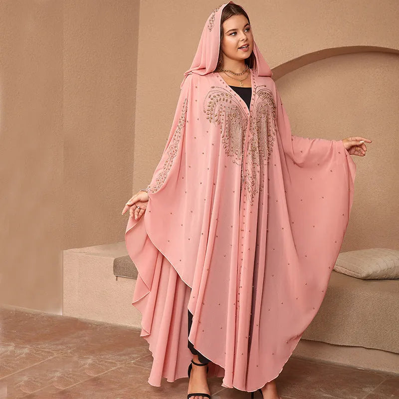Purple Muslim style chiffon shawl with rhinestone beading, shown draped.