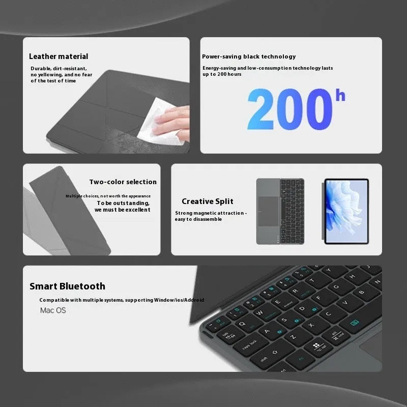 Grey folding Bluetooth wireless keyboard shown closed and open, for use with mobile phones and tablets.