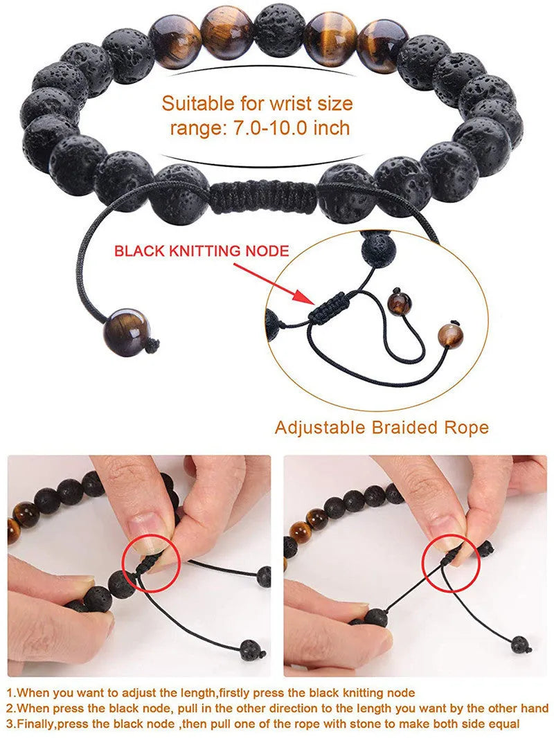 Tiger eye couple bracelets with matte black agate beads in geometric design