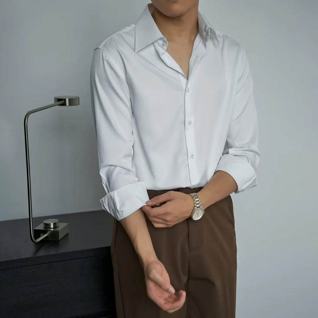 Men's Korean style long sleeve shirt cardigan in black with slim fit Japanese retro design