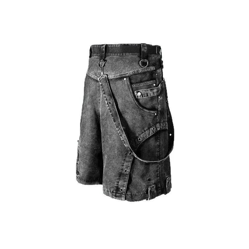 A pair of women's retro-style, loose-fit, high-waist denim shorts in a washed colour, laid flat.