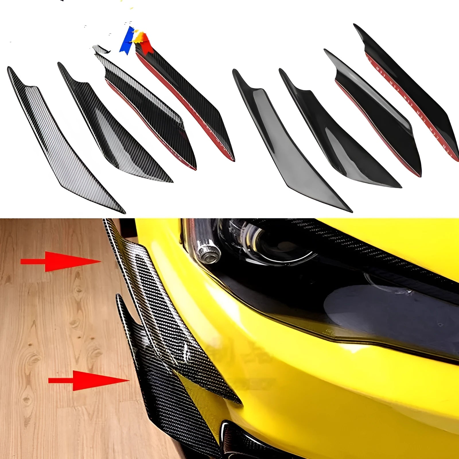 Carbon fibre pattern automotive bumper blade air knife spoiler kit with four ABS plastic components