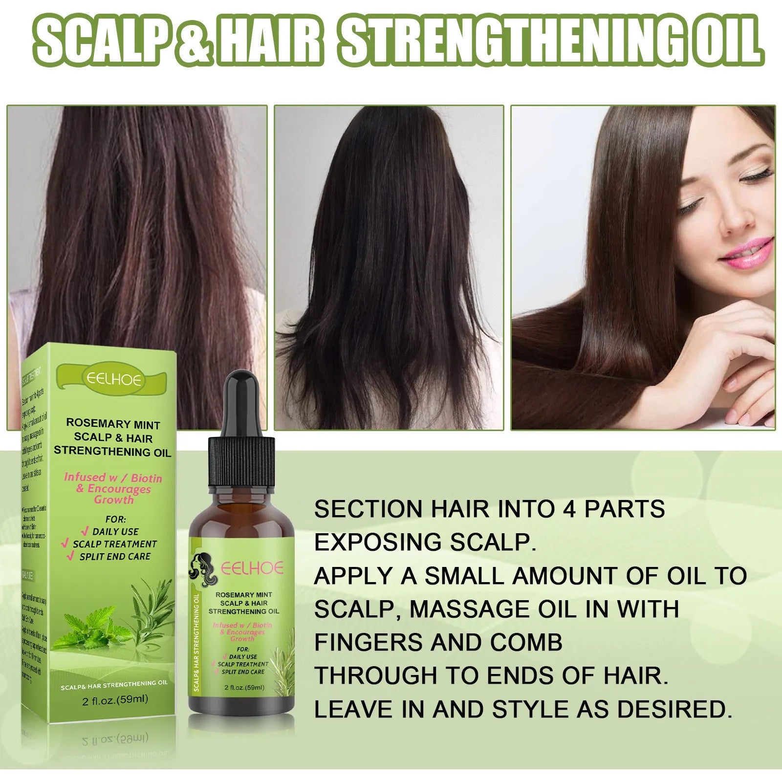 59ml bottle of rosemary mint hair growth fluid for scalp massage treatment.