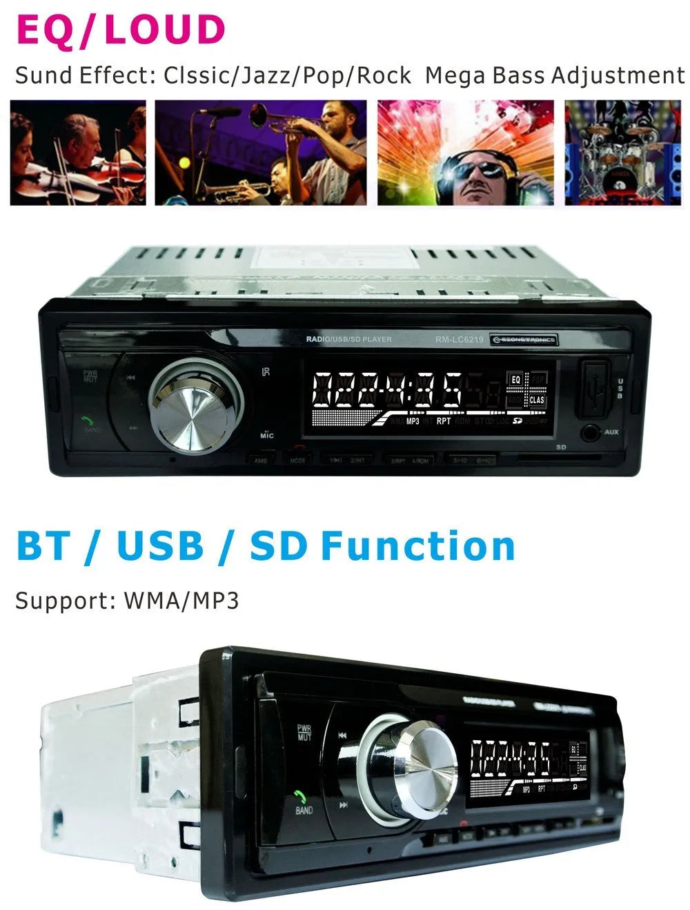 EZONETRONICS car Bluetooth FM stereo receiver with USB and SD slots, front panel with buttons and display