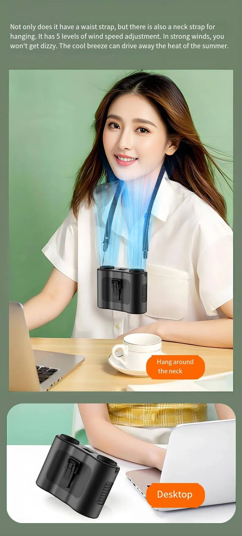 Grey waist-hung personal fan with lanyard, showing waist buckle and air vent.