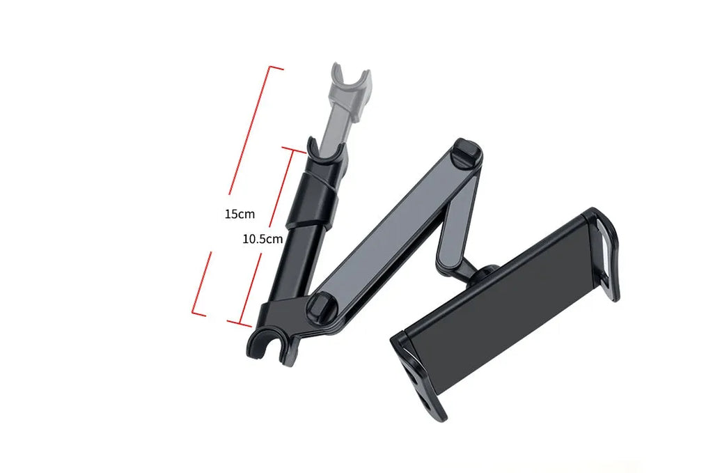 Black universal car phone holder mounted on rear seat base holding a tablet