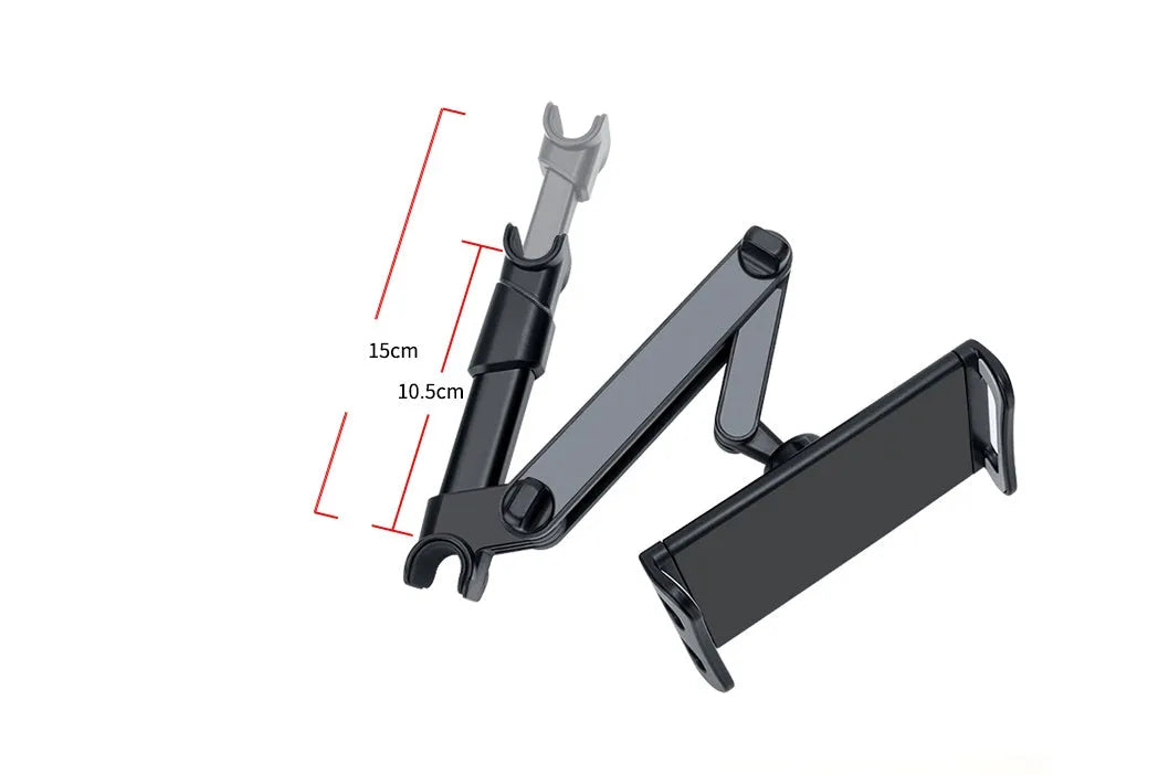 Black universal car phone holder mounted on rear seat base holding a tablet