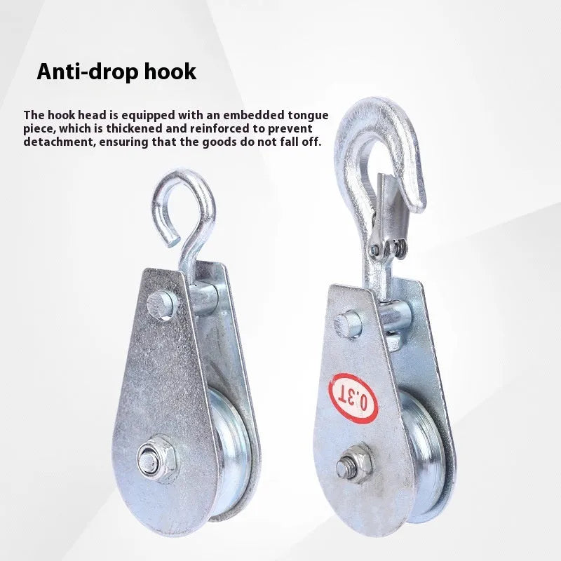 Red industrial lifting pulley with forged steel hook and safety latch for general material handling