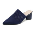Women's black pointed toe sandals with a fabric upper and 5cm chunky rubber heel.