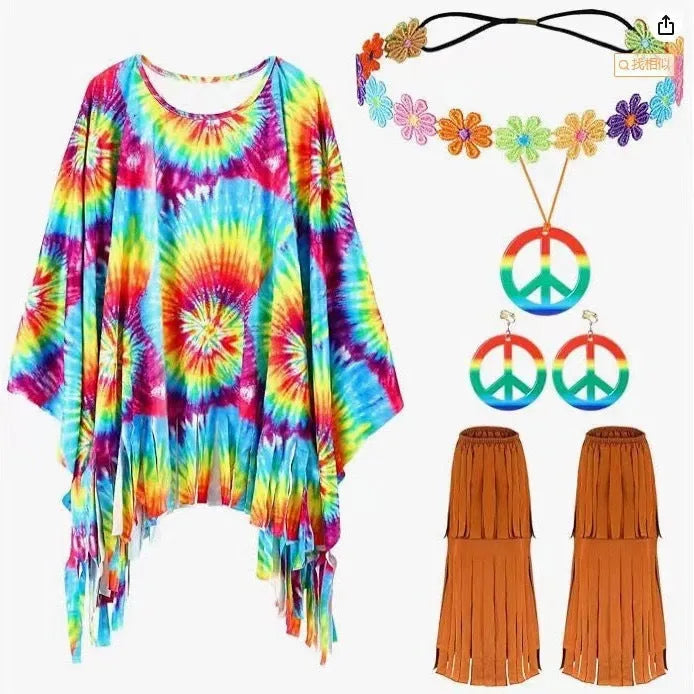 Tie dye cloak costume with colourful pattern and bell sleeves for Halloween parties