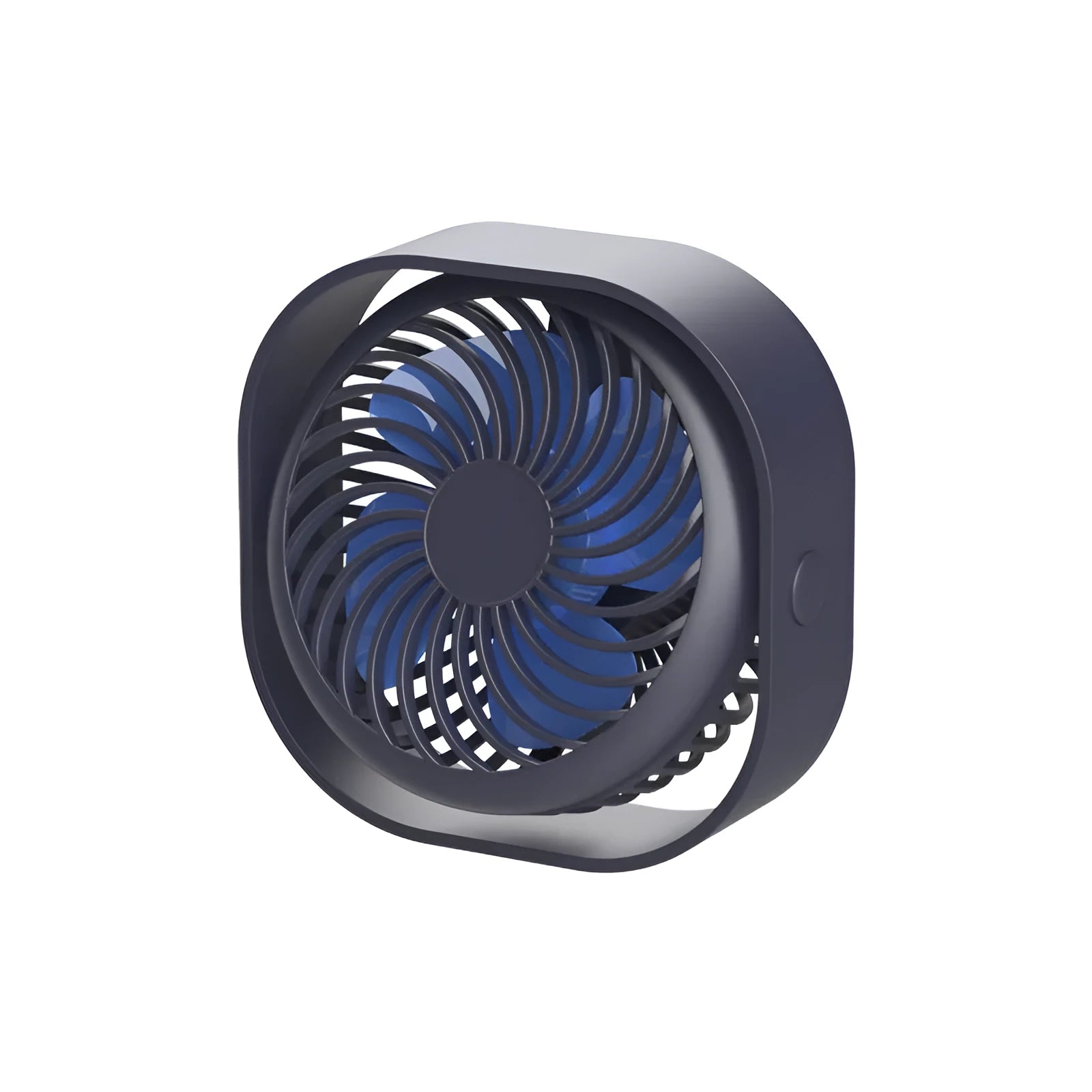 Compact USB desk fan with rotary switch shown in blue colour, demonstrating 360-degree rotation feature.