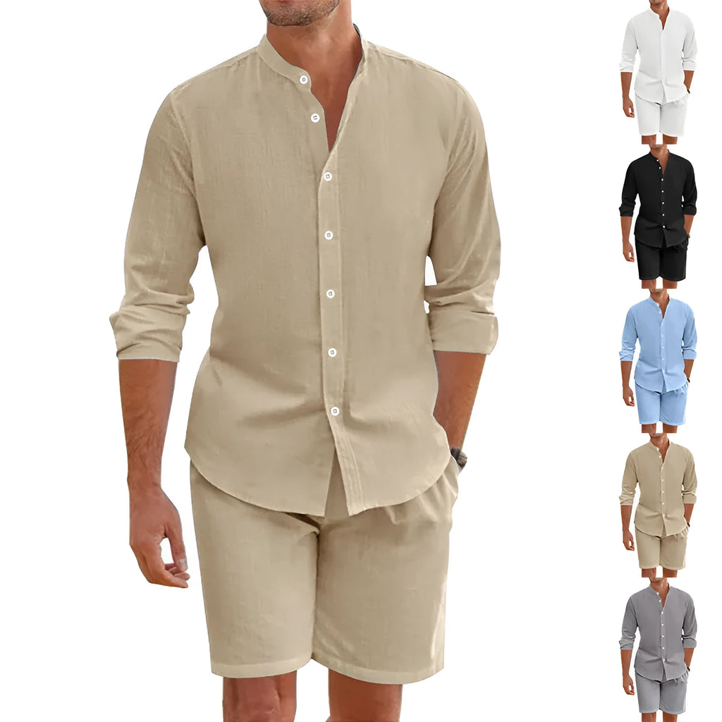 Men's dark grey hemp blend linen short sleeve shirt and drawstring shorts summer suit set