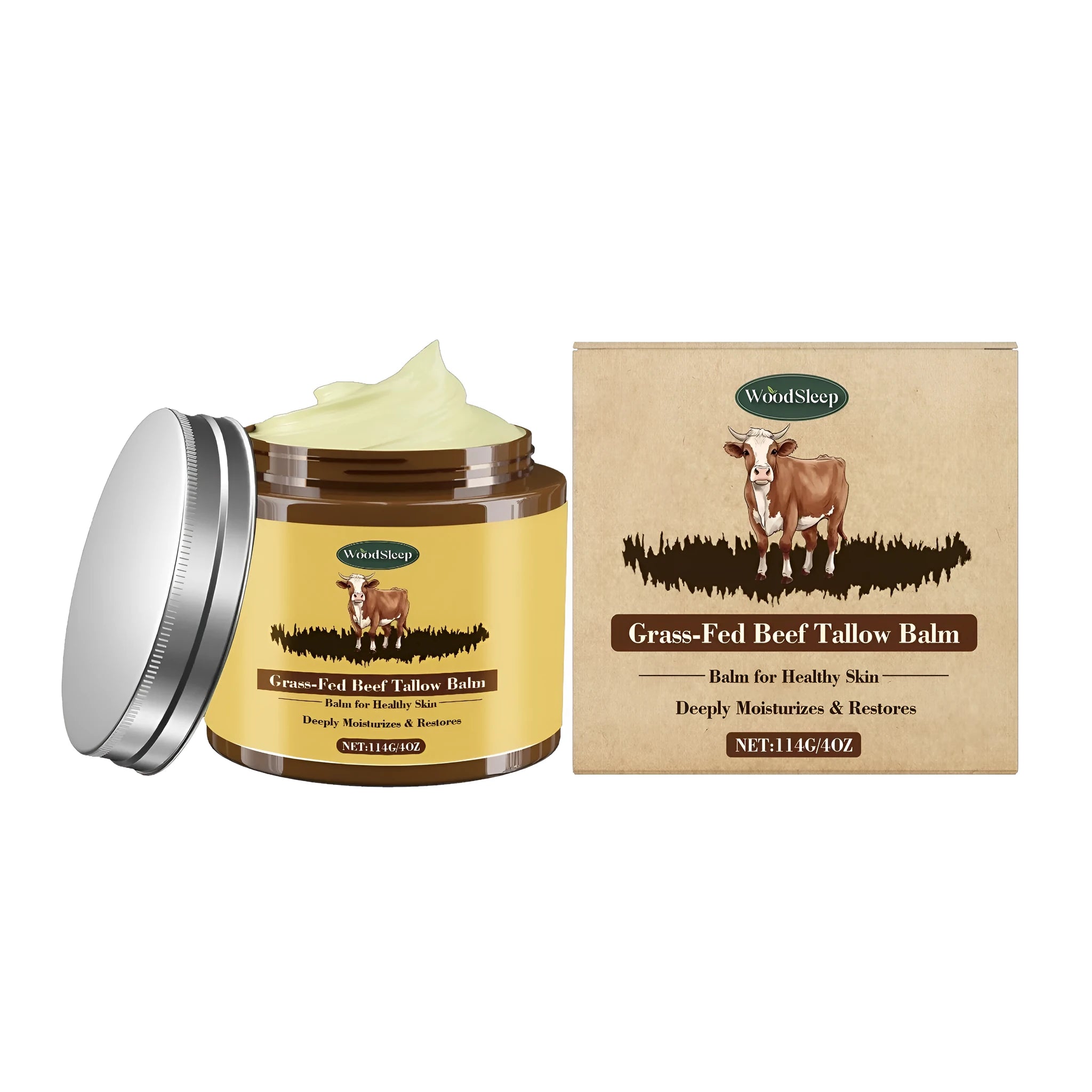 114g jar of cow fat skin care cream with tallow, honey and olive oil ingredients