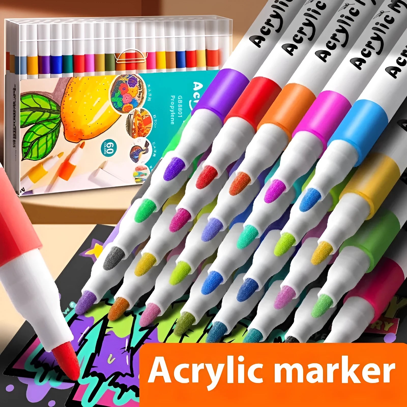 Boxed set of multicolour acrylic marker pens for art and student painting projects.